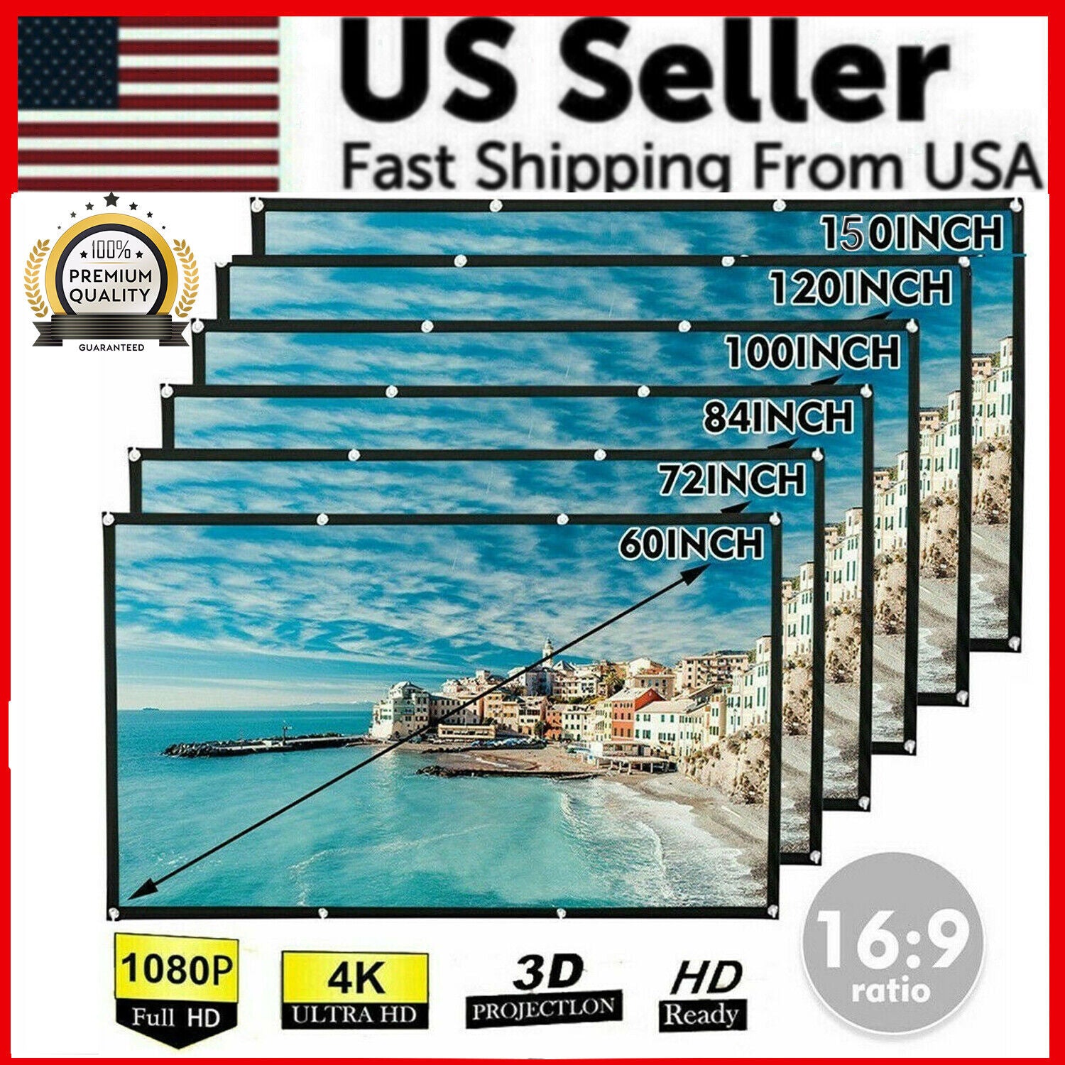 100 Inch Projector Screen, Portable Foldable 16:9 HD – Indoor Outdoor Movie Screen for Home Cinema | Easy Setup, Wrinkle-Free